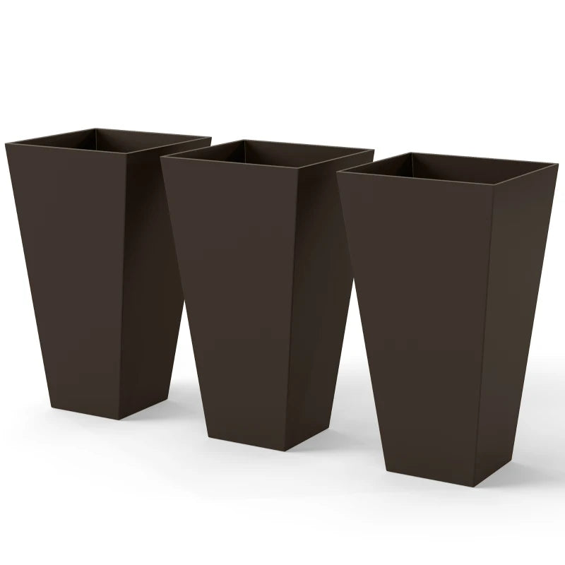 28" Tall Garden Plastic Planters, Outdoor and Indoor Flower Pots, Set of 3 for Entryway, Patio, Yard, Brown