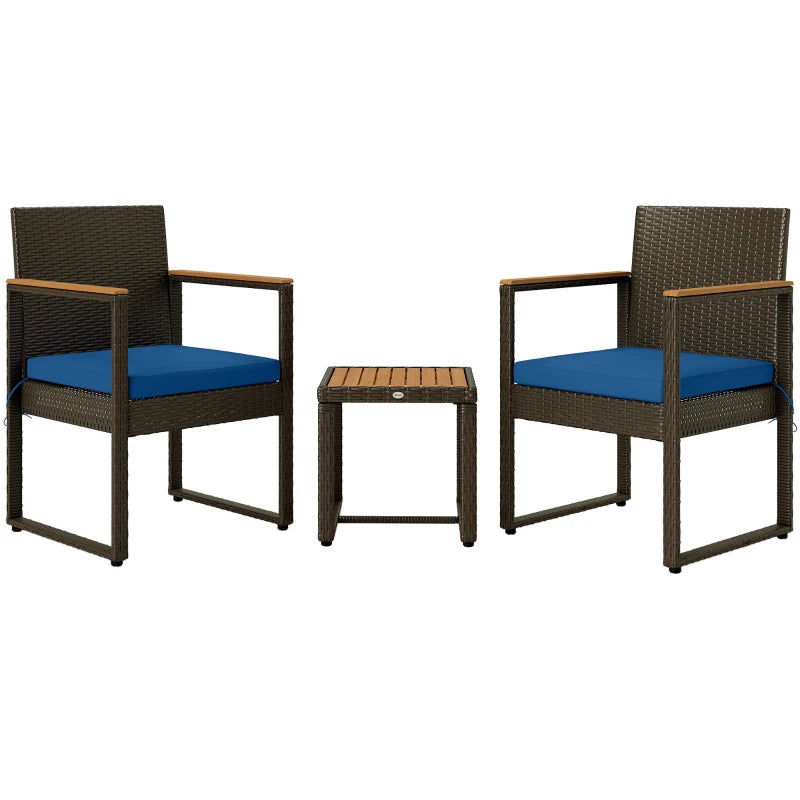 3 Pieces Wicker Patio Furniture Set, Rattan Bistro Set w/ Acacia Wood Table & Removable Cushions, Dark Blue