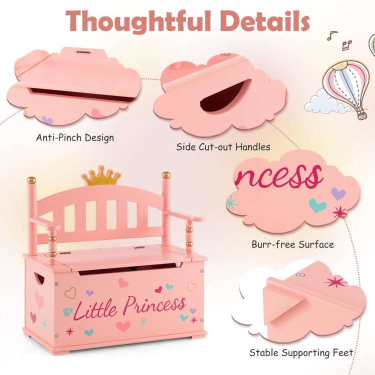 2-In-1 Kids Princess Wooden Toy Box with Safe Hinged Lid-Pink