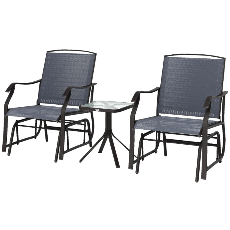 3 Piece Patio Glider Set Outdoor Gliders with Breathable Mesh Seat, Glass Top Table for Garden, Yard, Grey