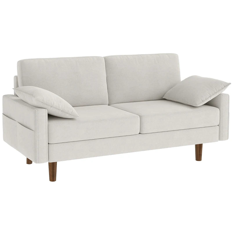 3 Seater Sofa, Velvet Upholstered Couch with Spring Cushions, Rubber Wood Legs and 2 Pillows, Cream White