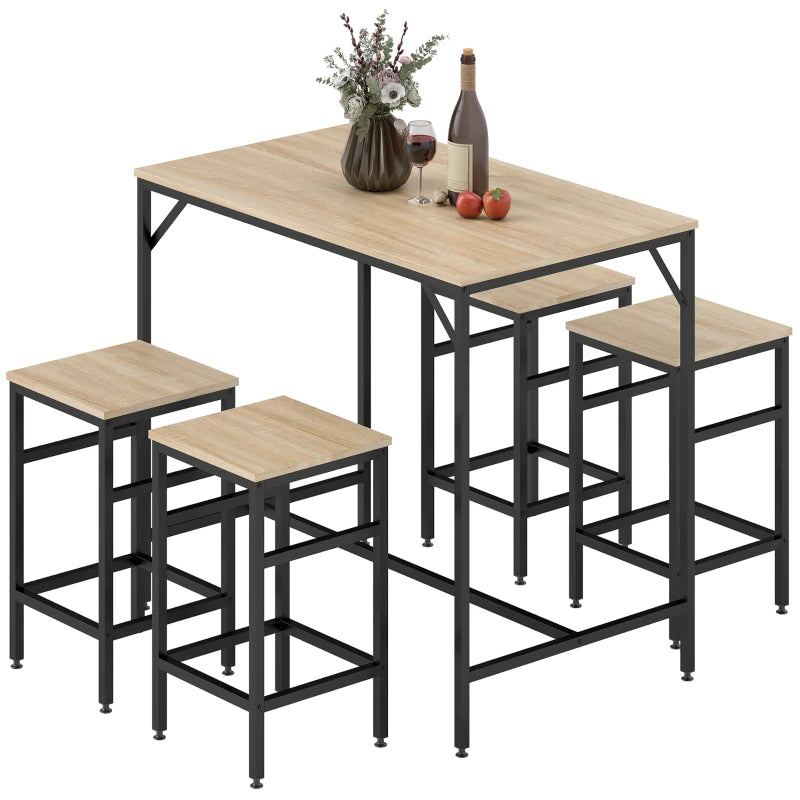 5 Pieces Industrial Rectangular Bar Table Set, Dining Table Set Breakfast Table with 4 Stools for Dining Room, Kitchen, Dinette, Oak