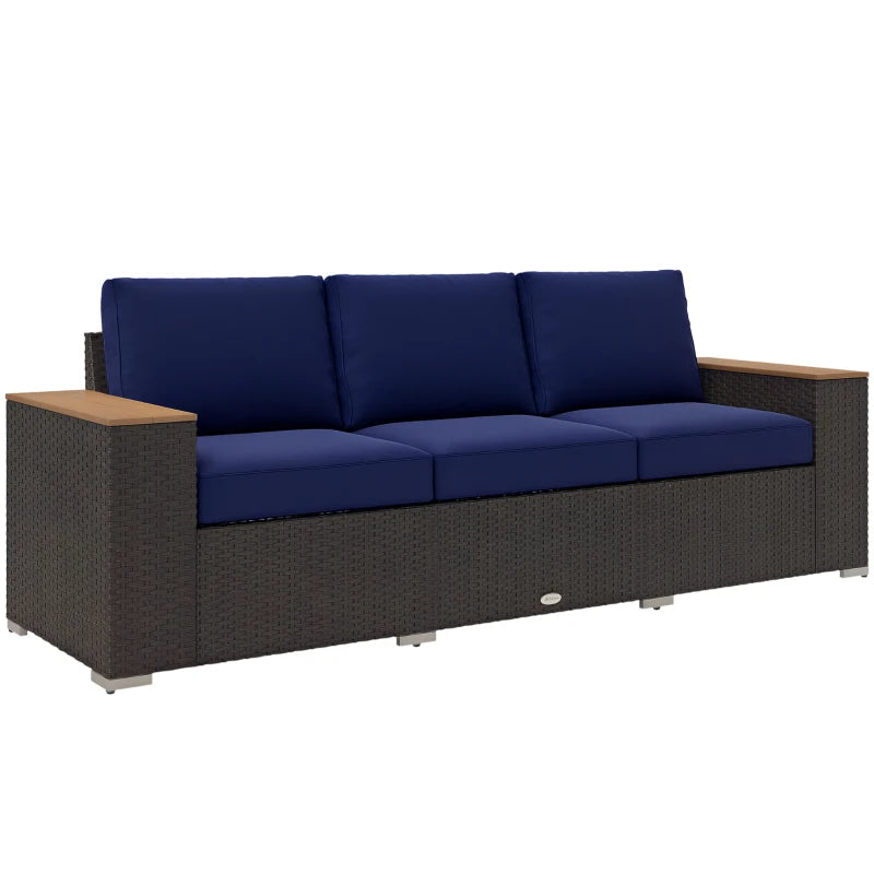 3-Seater Outdoor Sofa Couch, PE Wicker Patio Sofa with Cushions, Wood Grain Armrests, Dark Blue