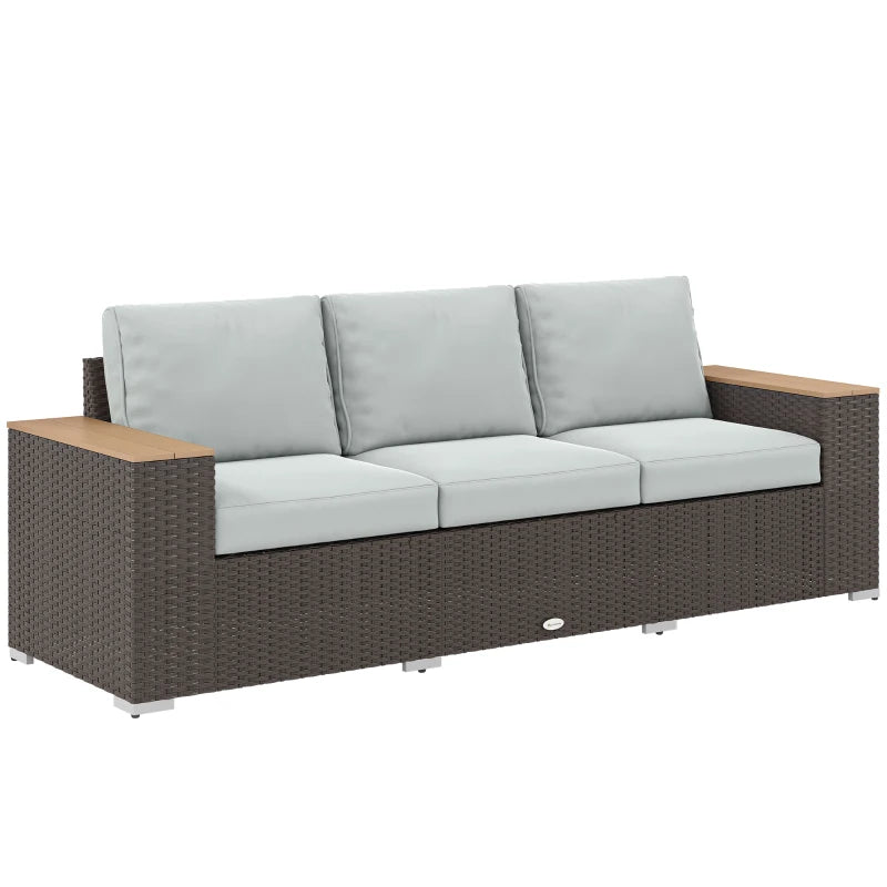 3-Seater Outdoor Sofa Couch, Wicker Patio Sofa with Wood Effect Armrests and Thick Cushions, Grey