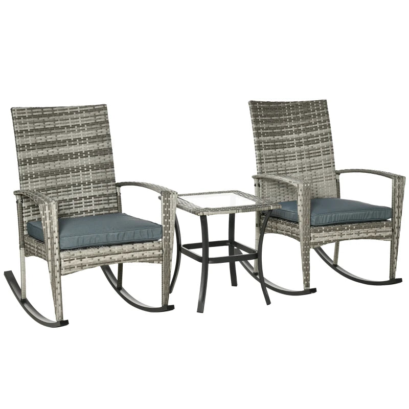 3 Pieces Patio Wicker Rocking Chair Set, Outdoor PE Rattan Bistro Set Conversation Rocker Set with 2 Chairs 1 Coffee Table for Backyard, Deck, Poolside, Grey