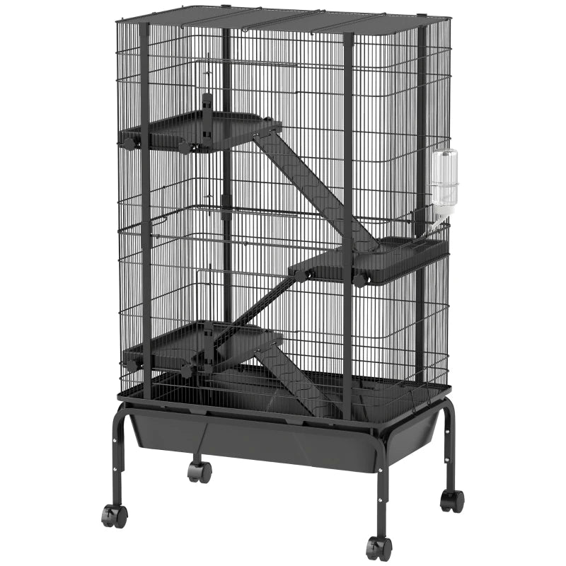 47"H Ferret Cage, Large 4-Tier Guinea Pig Cage with Wheels, Ramps, Bowl, Water Bottle & Removable Tray, Black