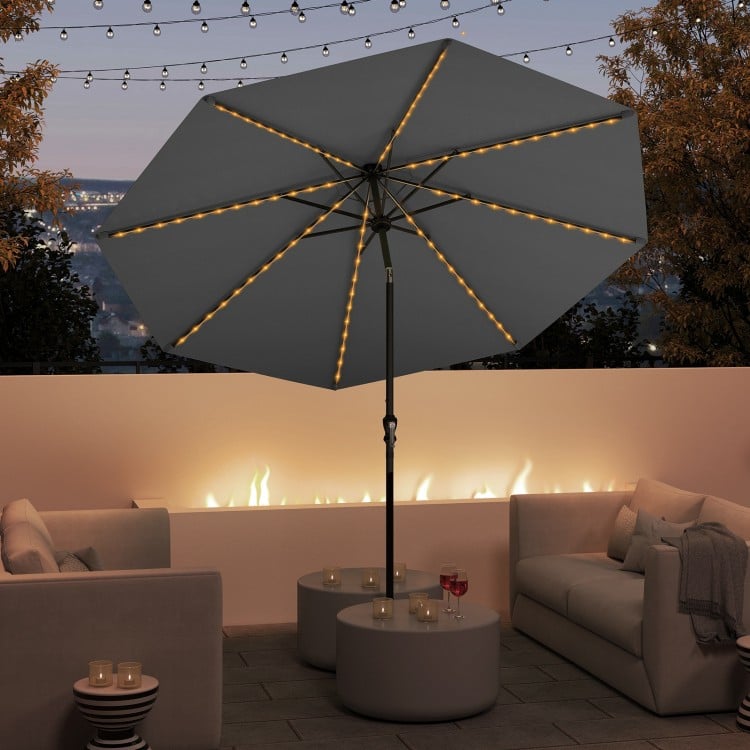 10 Feet Solar Patio Umbrella with 96 Multi-Colored Flowing LED Lights and Tilt Adjustment-Gray