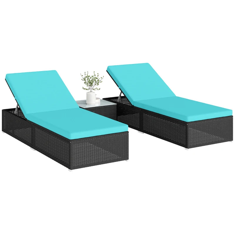 3pc Rattan Lounge Chair Set with Side Table Outdoor Patio Synthetic Rattan Wicker Sun Bed Set with Cushion