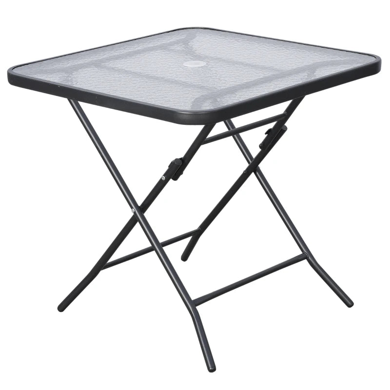 30" Square Outdoor Dining Table, Foldable Patio Table with Umbrella Hole, Water-Grain Glass Top Coffee Table for Balcony, Poolside, Black