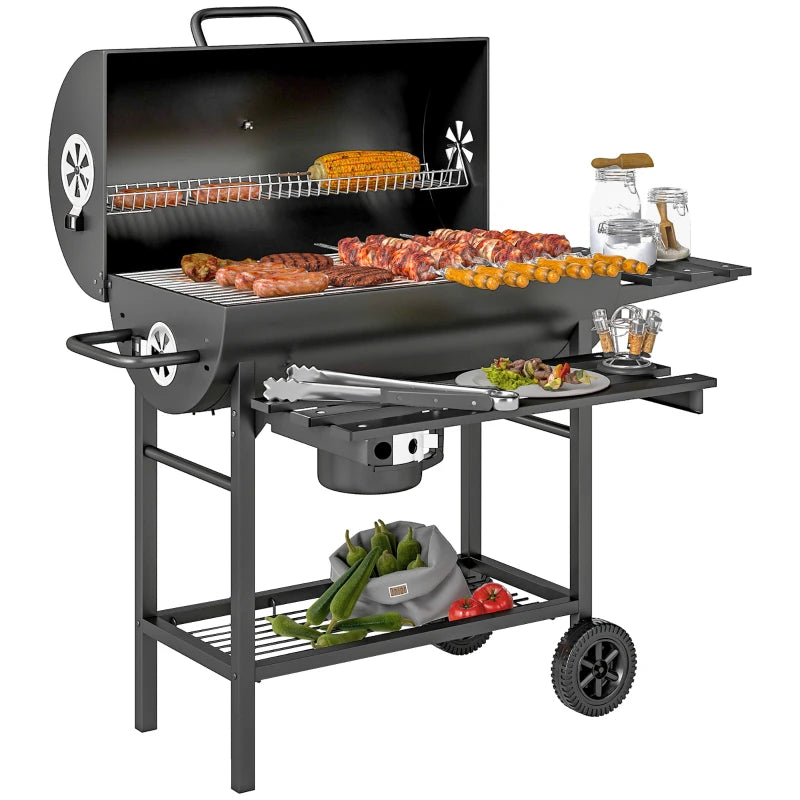 29" Charcoal BBQ Grill Barbecue Grill with Foldable Front Side Table, Spacious Cooking Area, Shelf, Black