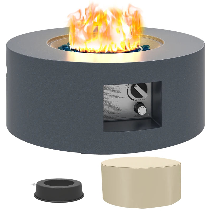 30" Round Propane Fire Pit Table 50,000 BTU Outdoor Gas Fire Table with Waterproof Cover, Decorative Glass Rocks, Tank Holder, Grey