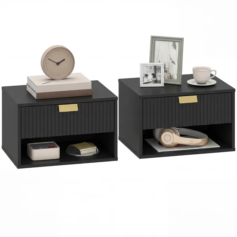 Set of 2 Wall Mounted Bedside Tables, Floating Nightstands with Fluted Drawer and Open Shelf for Bedroom, Black