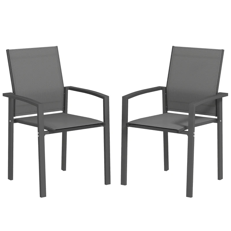 Set of 2 Outdoor Garden Chairs, Stackable Patio Dining Chairs with Breathable Fabric, Armrests and Backrest, Dark Grey