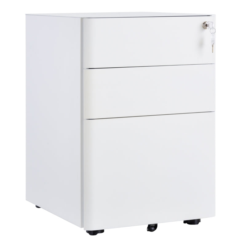 3 Drawer Filing Cabinet, Steel Home Office Storage Cabinet with Wheels, Lock for A4, Letters, Legal-sized Files, White