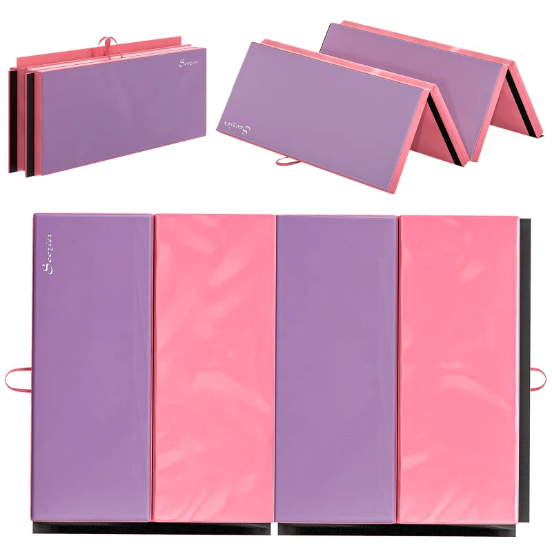 Soozier 4'x6'x2'' Folding Gymnastics Tumbling Mat, Exercise Mat with Carrying Handles for Yoga, MMA, Martial Arts, Stretching, Core Workouts, Pink and Purple