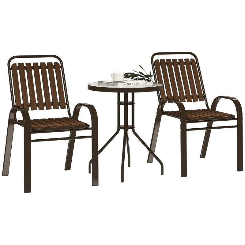 3 Pieces Patio Bistro Set, 2 Stackable Chairs with Tempered Glass Table, for Outdoor, Garden Backyard Porch, Dark Brown