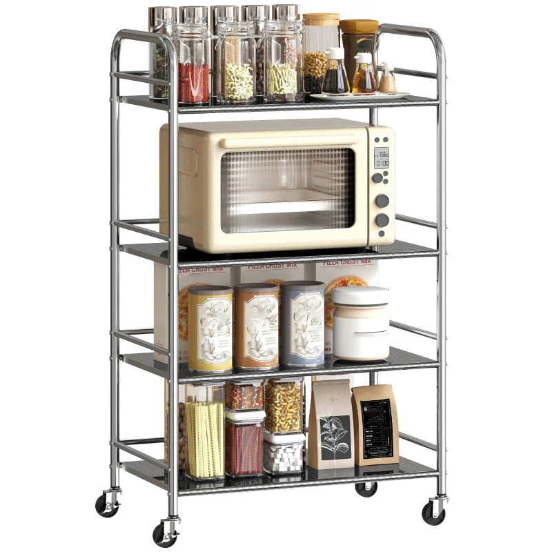 4 Tier Stainless Steel Rolling Cart with Adjustable Shelves, Utility Cart on Wheels with Handles for Kitchen, Silver