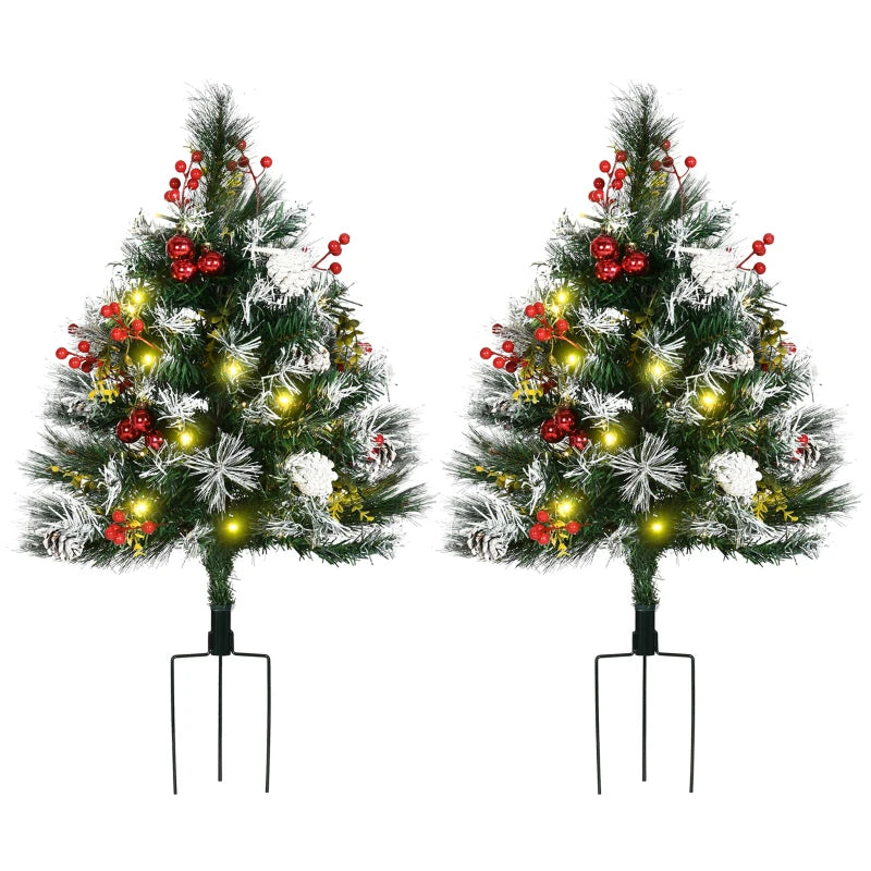 2 Foot/23 inch 2 Pack Prelit Artificial Christmas Tree Cordless with 70 Branches, Warm White LED lights, Red Berries, Pine Cones, Balls, for Outdoor Entryway, Green