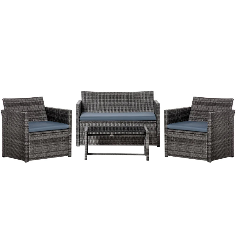 4 Pieces Patio Furniture Set with Cushions, Outdoor PE Rattan Wicker Conversation Garden Sofa Set with 2-Seater Chairs & Glass Coffee Table, Grey