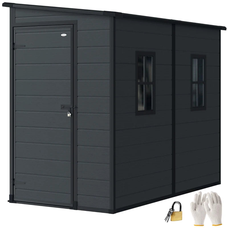 4.3' x 8' Outdoor Storage Shed with Floor, Garden Shed with Lockable Doors and Windows, Dark Grey