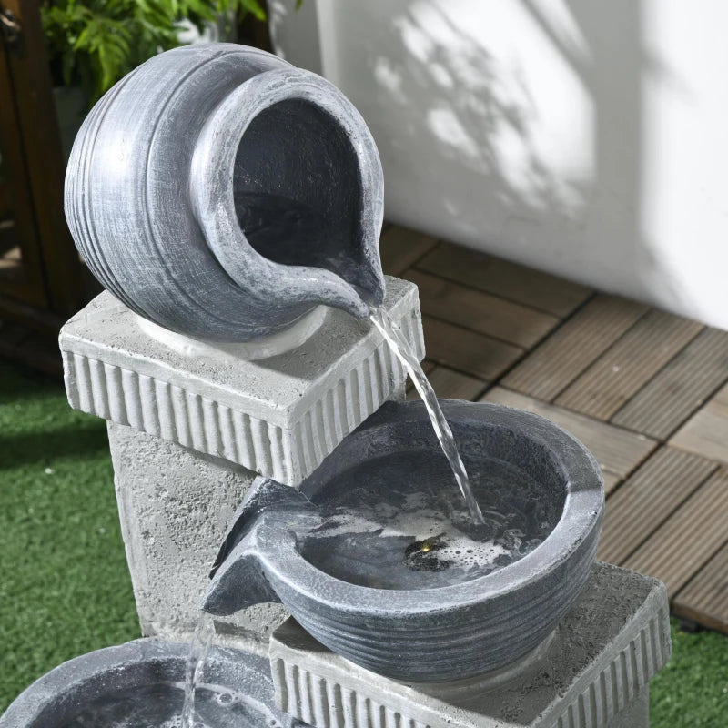4-Tiered Outdoor Jar and Bowls Water Fountain with LED Lights, Adjustable Flow, 26.4-inch Resin Waterfall Fountain