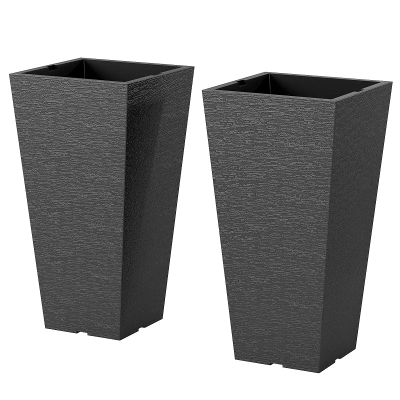 23" Tall Planters Set of 2, Indoor Outdoor Stackable Taper Planters with Marble Finish and Drainage Holes, Black
