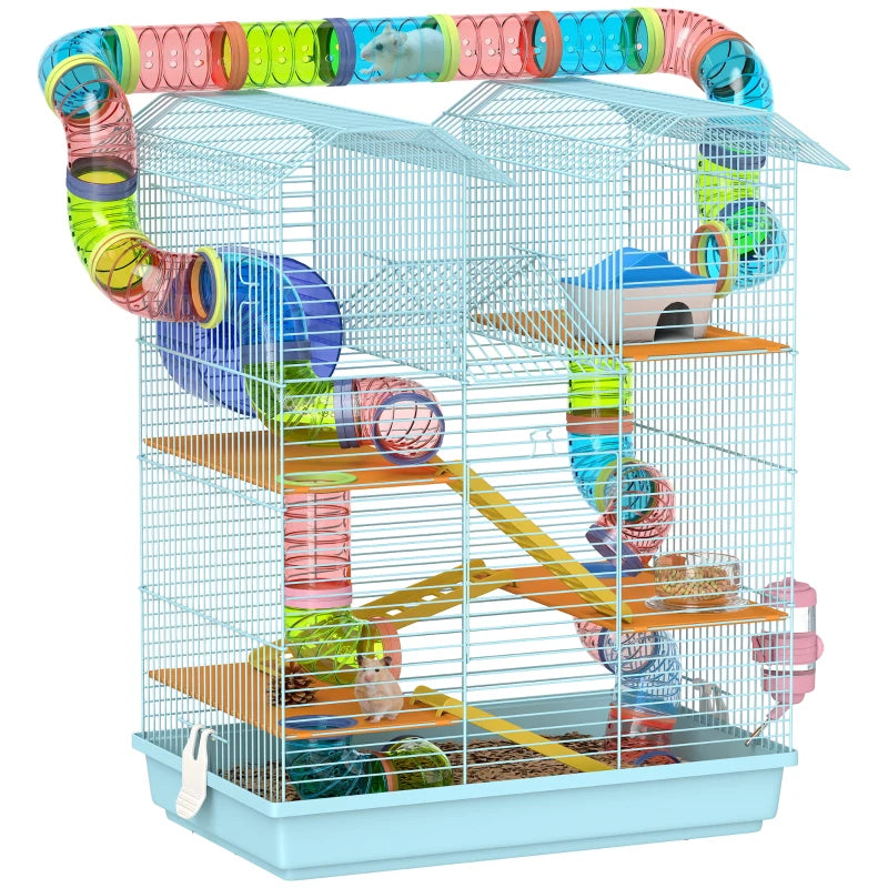18.5" Hamster Cage, 5 Tiers Small Animal House with Tunnel Tube System, Exercise Wheel, Water Bottle, Light Blue
