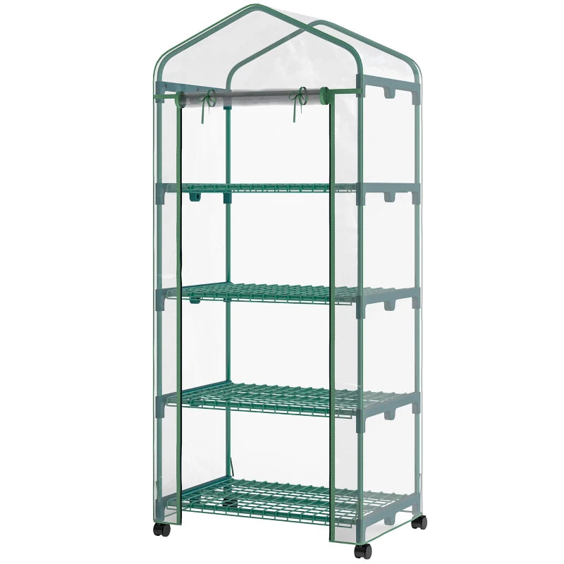 27" x 20" x 65" Portable Greenhouse with 4 Tier Shelves and Wheels, Outdoor Hot House Plant Flower Greenhouse, Steel Frame, Plastic Cover, Clear