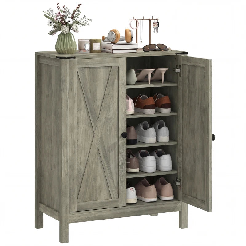 Shoe Cabinet with Barn Doors, Farmhouse Shoe Storage Cabinet with Adjustable Shelves, Holds up to 15 Pairs, Grey