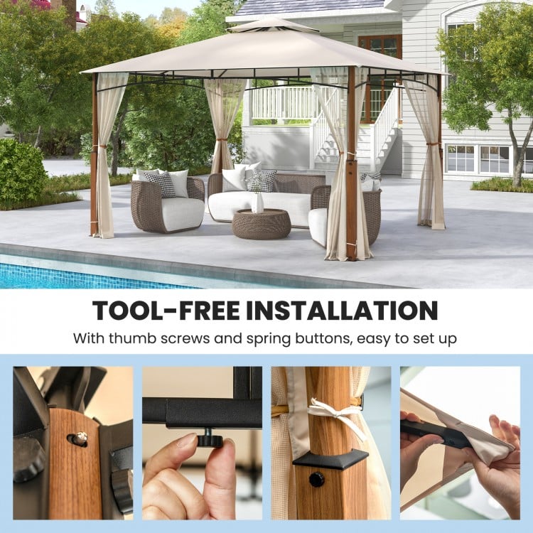 12 x 10 Feet Outdoor Patio Gazebo with Netting and 2-Tier Canopy Roof-Beige