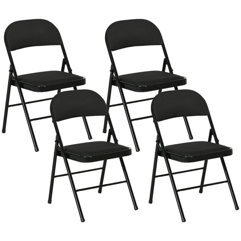 Set of 4 Metal Foldable Chairs, Linen Fabric Padded Folding Chairs with Cushion Seat and Open Back for Indoor, Black