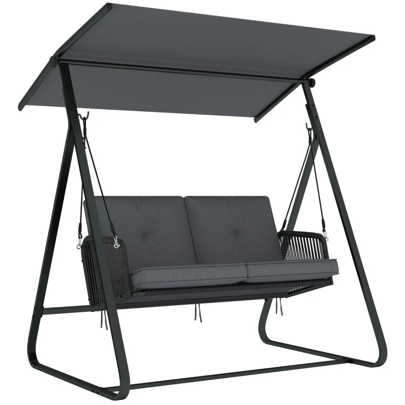 2-Person Outdoor Patio Porch Swing with Adjustable Canopy, Rattan Hanging Swing Bench with Soft Cushions