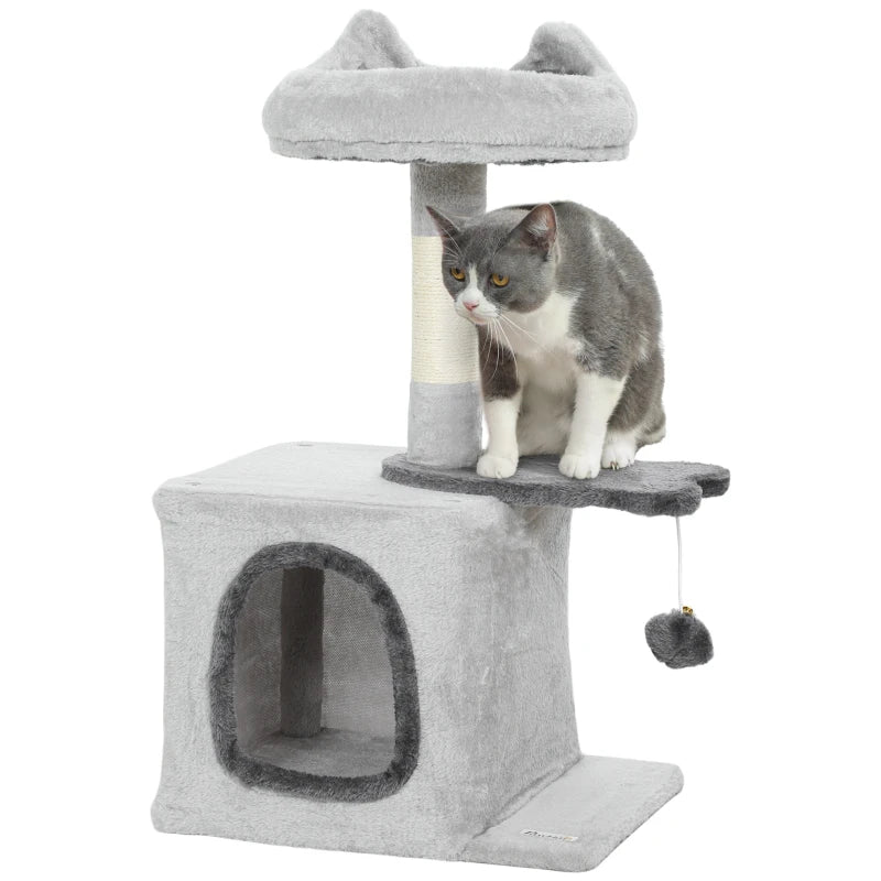 28" Cat Tree Tower with Plush Top Bed, Cozy Condo, Sisal Scratching Post, Perch, Dangling Ball, Light Grey
