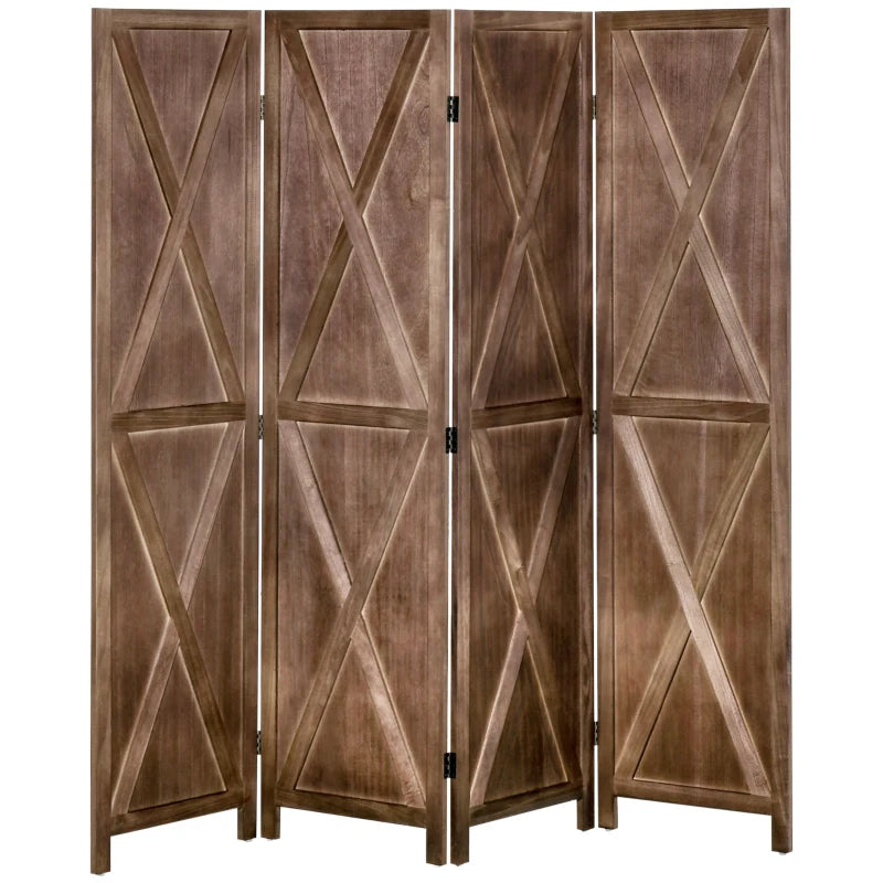 4-panel Wall Partition Farmhouse Room Separator with Foldable Design Wooden Frame 5.6FT, Walnut