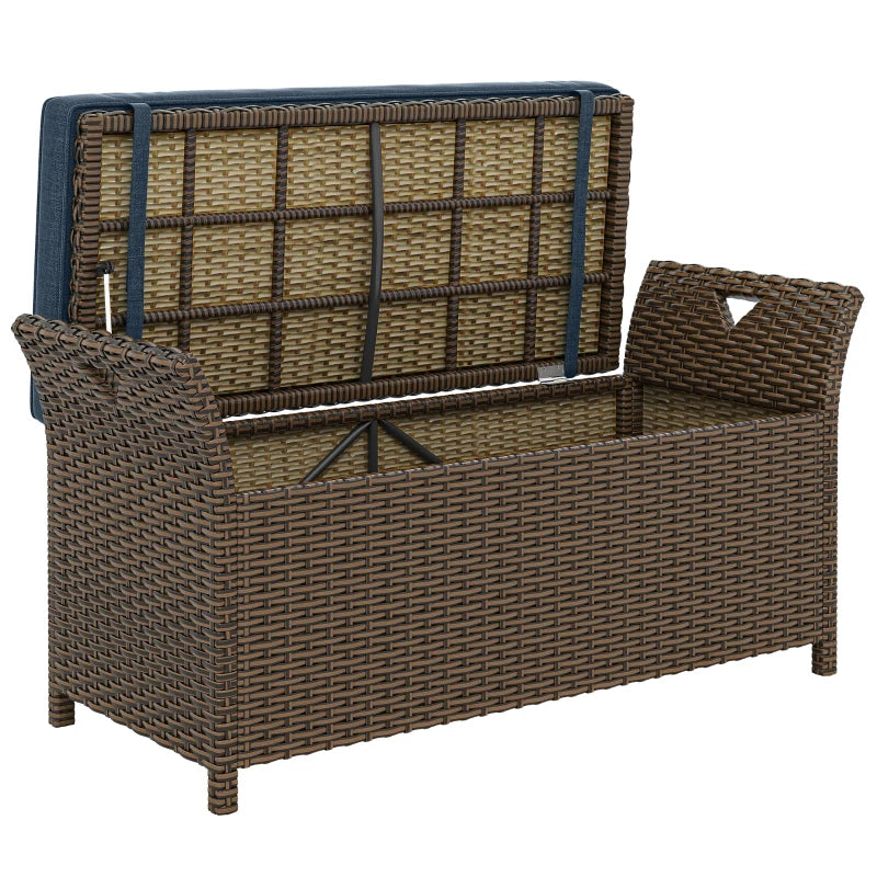 2-In-1 Outdoor Storage Bench, 29 Gallon Wicker Deck Box with Handles and Cushion, Navy Blue