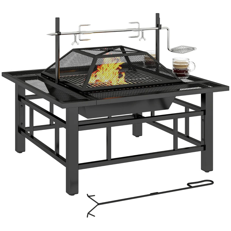 31.9" x 31.9" x 27.8" 2-in-1 Outdoor Fire Pit Firepit with BBQ Grill Grate, Wood Fire Pit with Adjustable Foot Pads, Outer Ledge, Poker, Mesh Lid for Backyard, Black