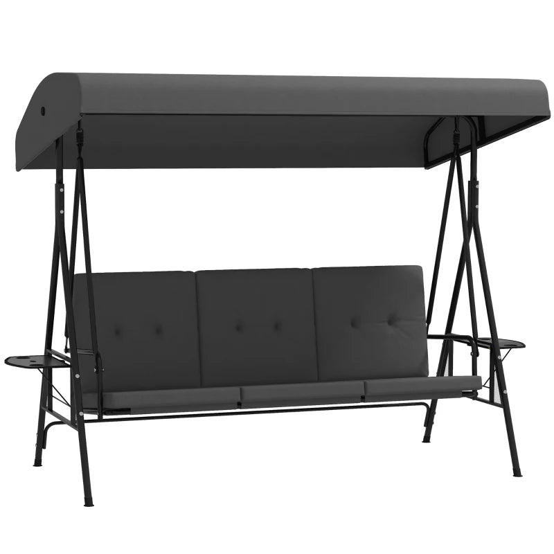 3-Seat Outdoor Porch Swing Patio Swing with Adjustable Canopy, Side Tray, Removable Cushion for Garden, Poolside, Grey