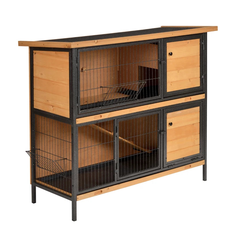 48" 2-Floor Large Rabbit Hutch Wooden Pet House Metal Frame Bunny Cage Small Animal Habitat with Ramp Feeding Trough Lockable Doors Run Area Asphalt Roof for Outdoor Use