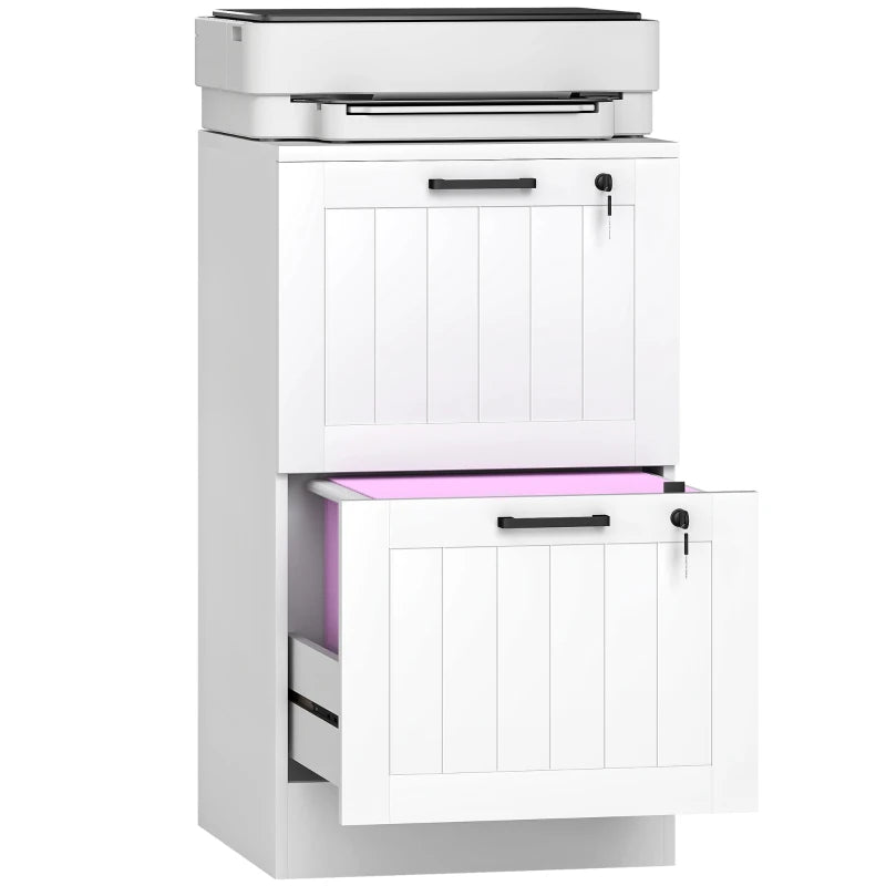 2 Drawer Filing Cabinet with Lock, Office Storage Cabinet with Adjustable Hanging Bars for A4 Letter Size Files, White