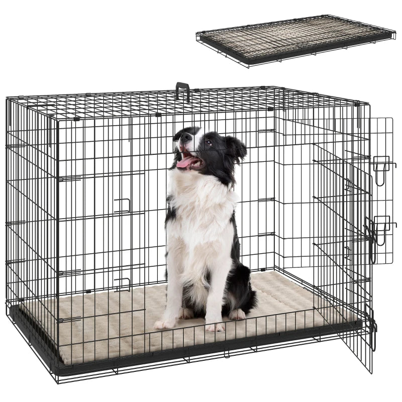 41" Dog Crate with 2 Doors, Folding Metal Dog Cage with Soft Cushion, Removable Tray, Handle, for Small Dogs, Black