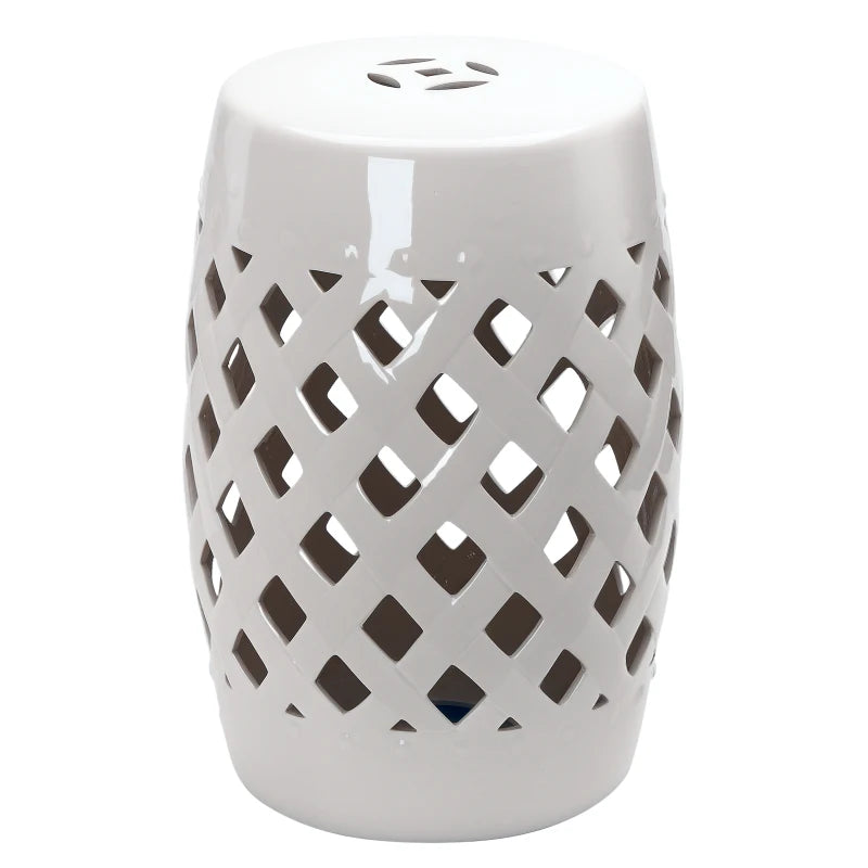 18" Ceramic Garden Stool with Woven Lattice Design, Indoor & Outdoor Decorative Accent Stool, White