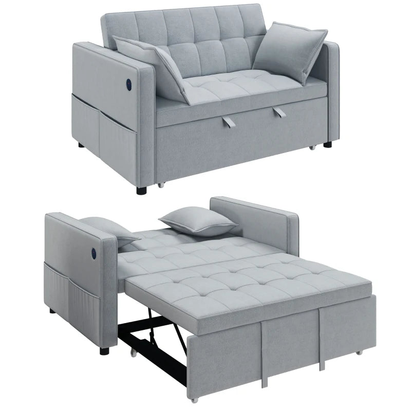 3‑in‑1 Convertible Sofa Bed, Pull Out Sleeper Sofa with USB Charging, Adjustable Backrest, Side Pockets, Light Grey