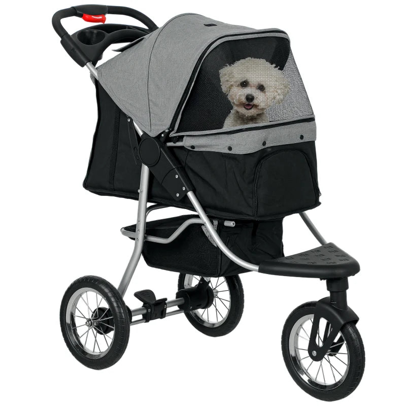 Small Dog Stroller, 3-Wheel Foldable Pet Stroller with Adjustable Canopy and Zippered Mesh Door for Pet Owners, Grey