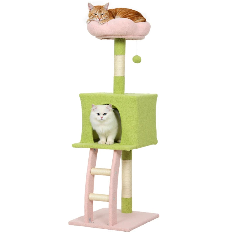 48" Flower Cat Tree with Scratching Post, Cozy Bed, Condo, Climbing Ladder, Perch, Dangling Ball, Green