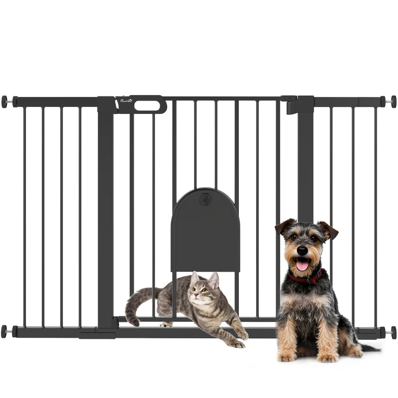 30"-52" Extra Wide Pet Gate Barrier with Small Door, 30"H Dog Gate with Safety Gate Barrier, Stair Pressure Fit, Black