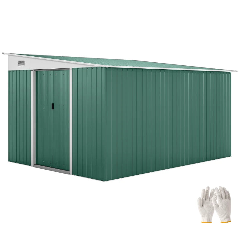 11' x 9' Steel Garden Storage Shed, Outdoor Metal Tool House with Double Sliding Doors & 2 Air Vents, Green