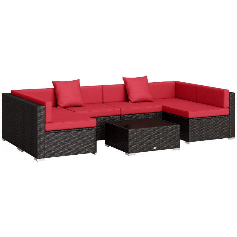 7 Pieces Patio Furniture Set, Rattan Conversation Set Garden Wicker Sofa Set with Washable Cushions and Coffee Table, for Deck Balcony Yard, Wine Red