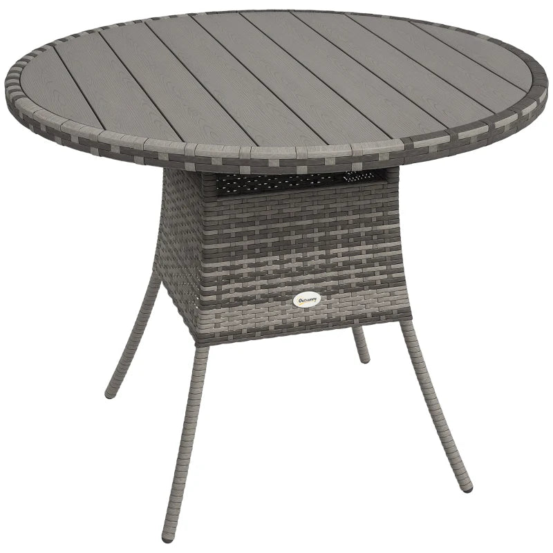 35.4" Outdoor Wicker Dining Table, PE Rattan Patio Furniture with Wood-plastic Composite Top, Grey