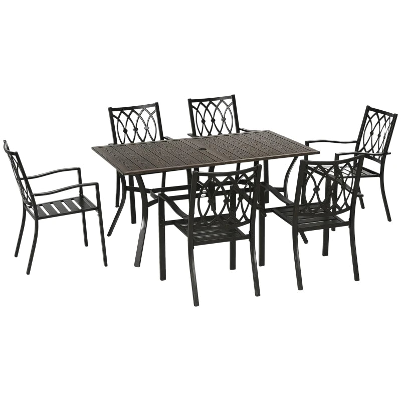 7 Pieces Outdoor Dining Set for 6 with Stackable Chairs with Wood Grain Top, for Garden, Patio, Backyard, Brown