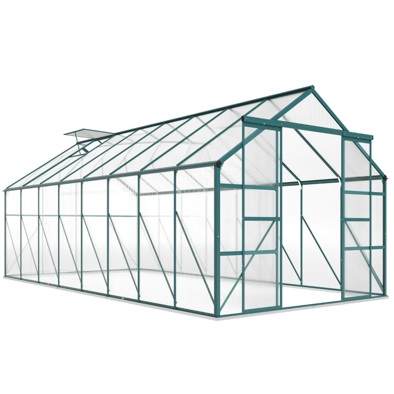 16' x 8' Aluminum Polycarbonate Greenhouse Walk-in Garden Greenhouse Kit with Adjustable Roof Vent, Rain Gutter and Sliding Door for Winter, Green